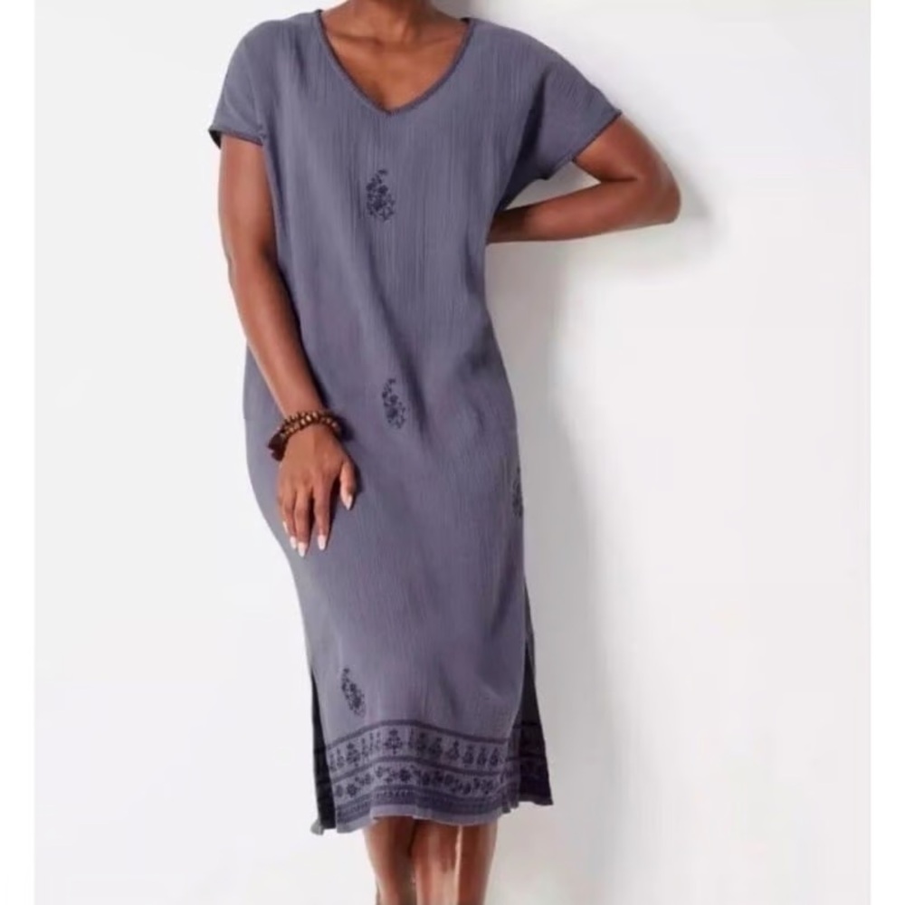 J JILL Embroidered Dress Boho Style Cotton Size medium Petite V Neck Coastal